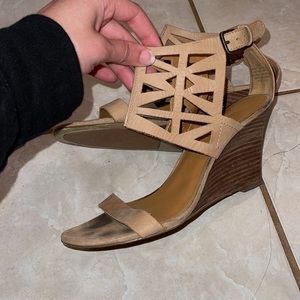 NINE WEST strappy beige wedges/heels with buckle